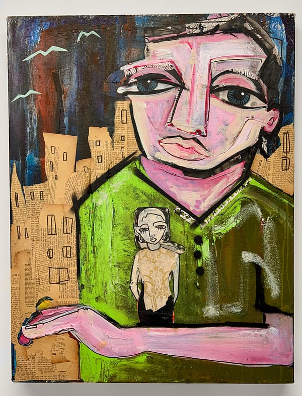Two figures in cityscape